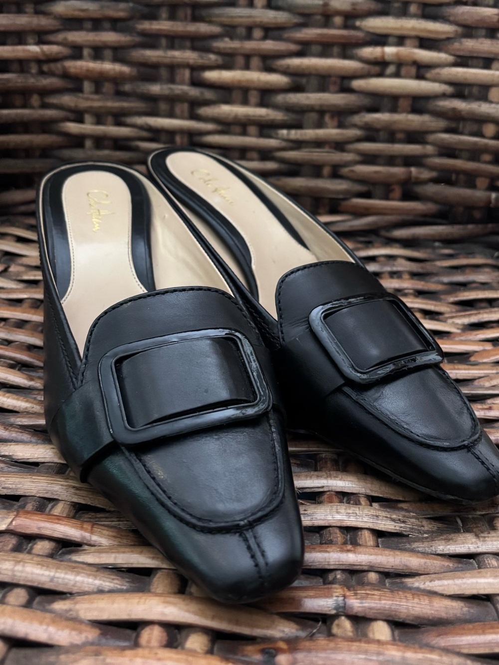 Cole Haan Black Leather Buckle-Accent Slip-On Mules with Kitten Heel in size 9.5
